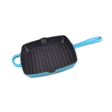 red or blue enamel cast iron grill pan or skillet or fry pan